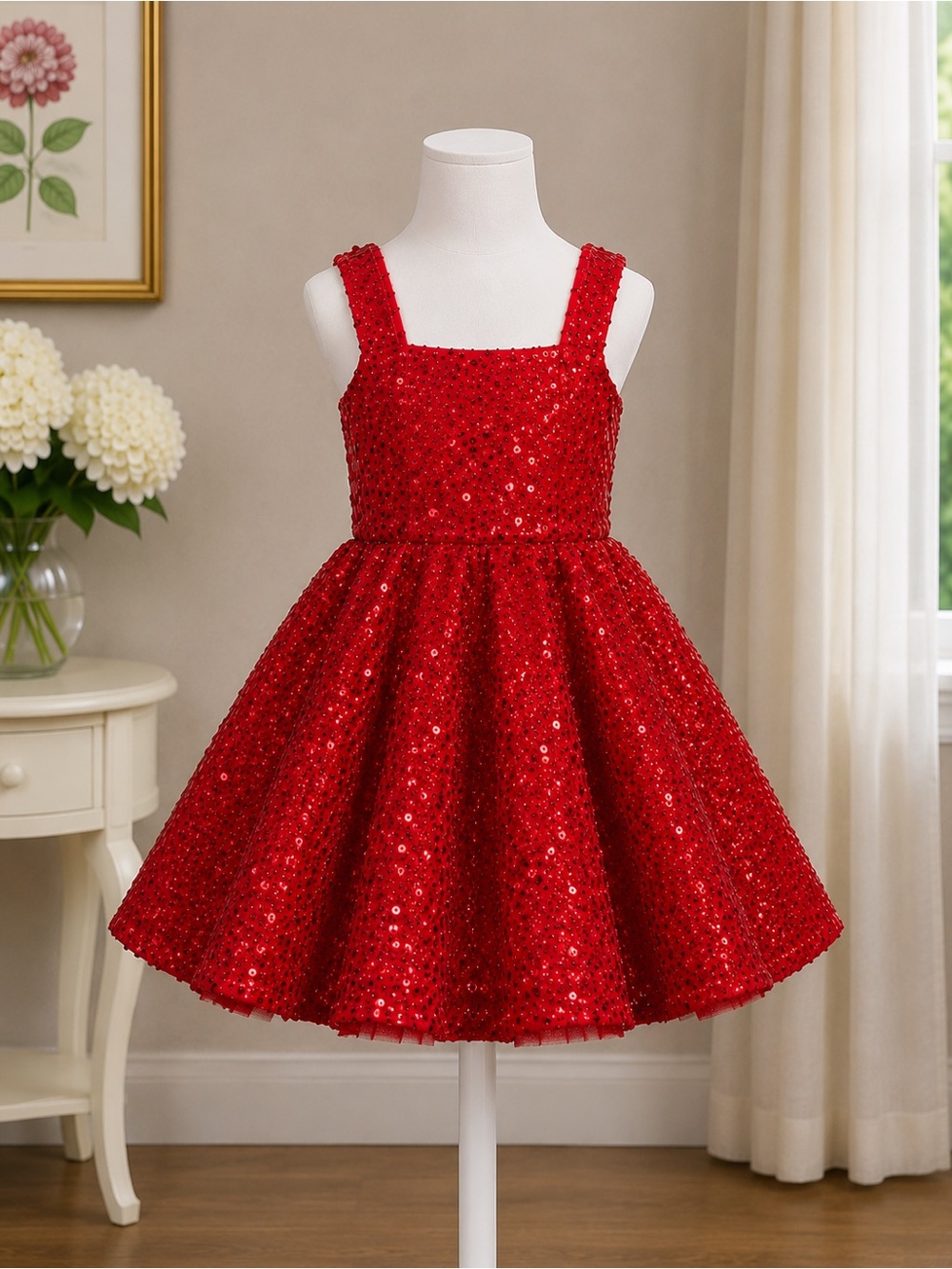 Girls Red Sequin Square-Neck Party Dress